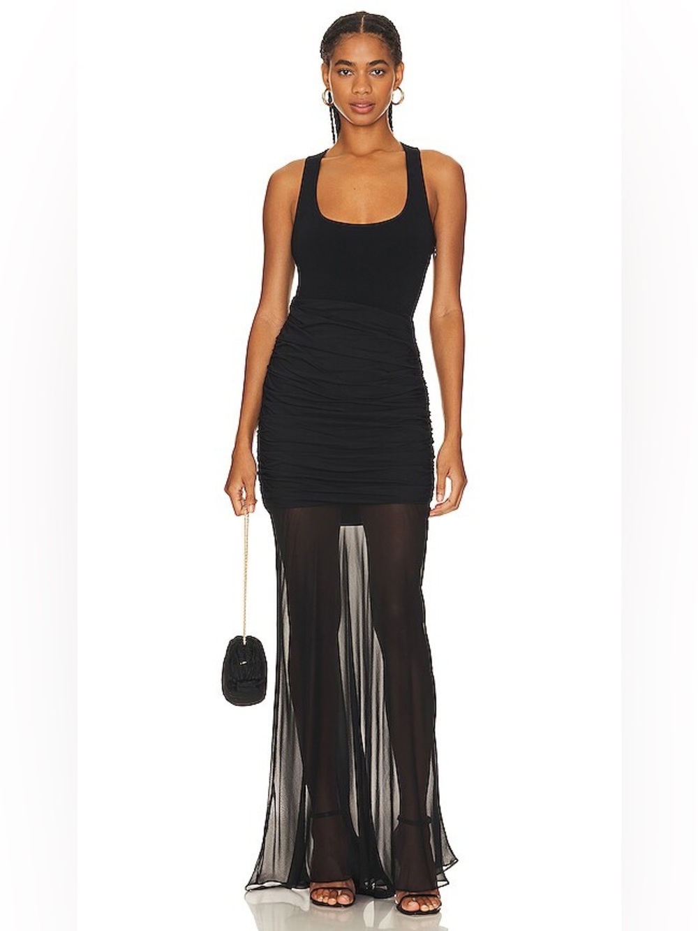 Herve Leger Ruched Woven Mix Tank Gown in Black